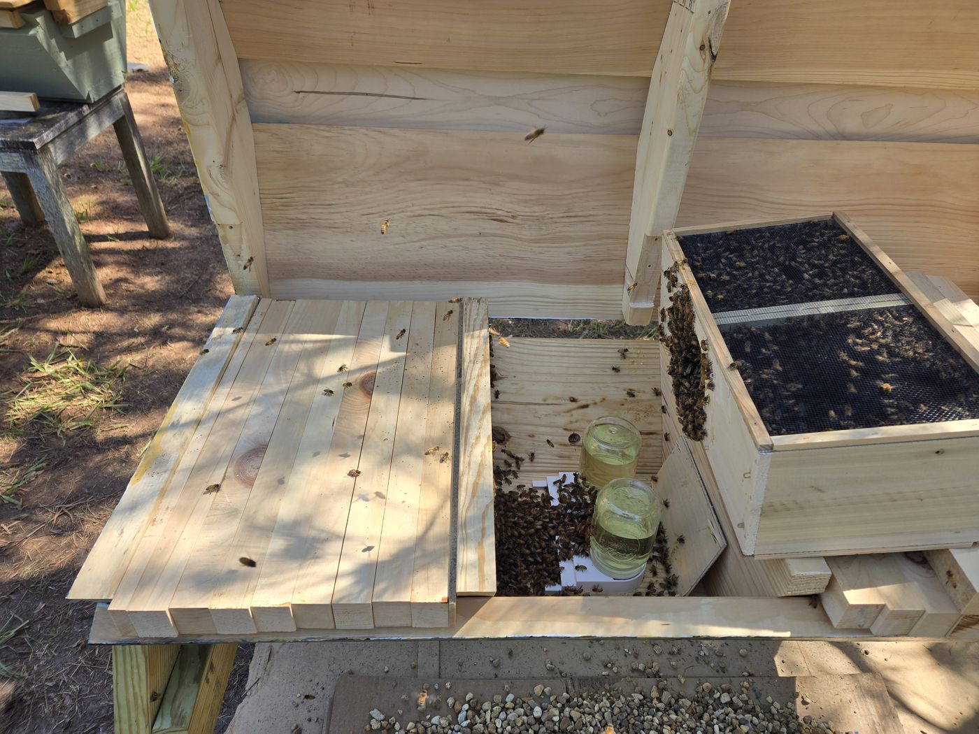 Two Boardman feeder jars set inside a top bar hive behind the follower board